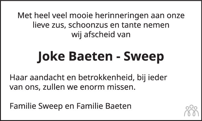 Overlijdensbericht van Joke Baeten-Sweep in Brabants Dagblad