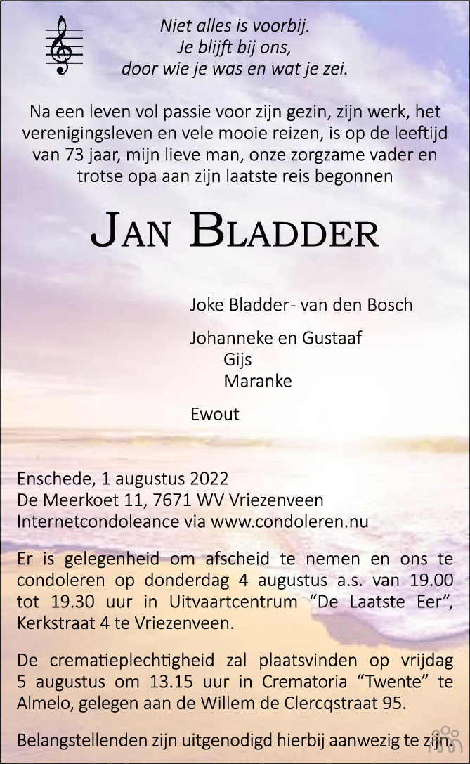 Overlijdensbericht van Jan Bladder in Tubantia