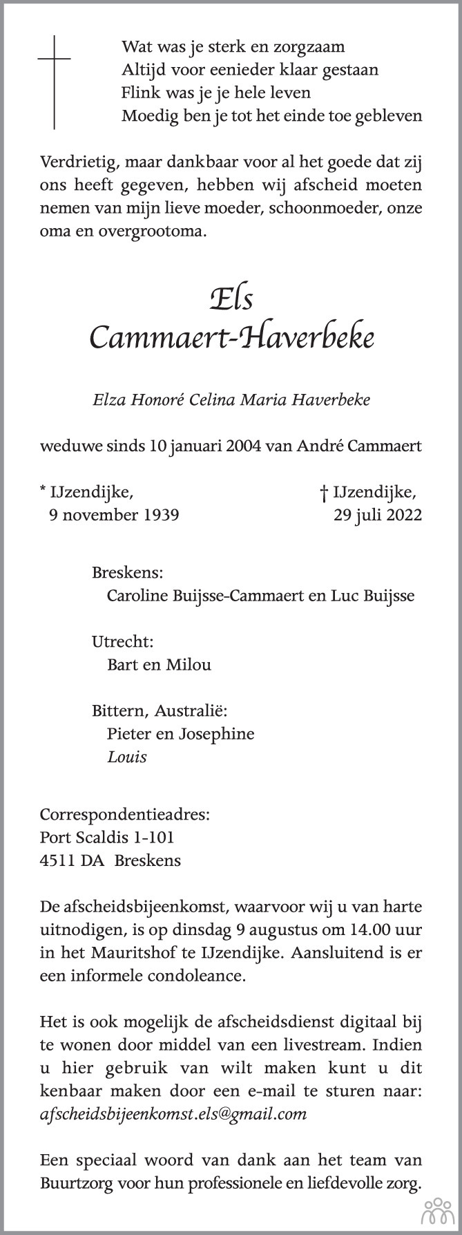 Overlijdensbericht van Els Cammaert-Haverbeke in PZC Provinciale Zeeuwse Courant