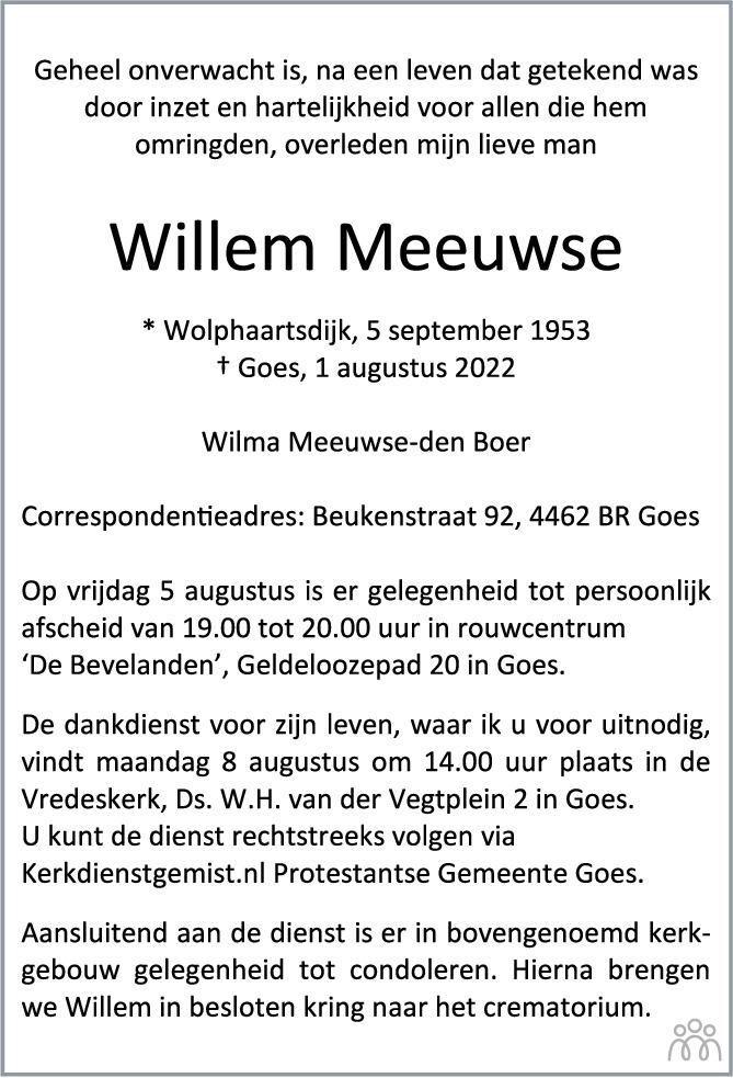 Overlijdensbericht van Willem Meeuwse in PZC Provinciale Zeeuwse Courant