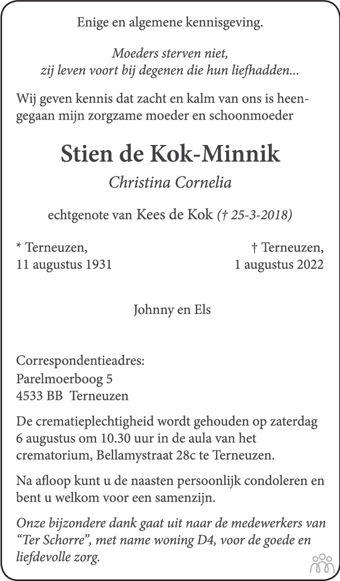 Overlijdensbericht van Stien (Christina Cornelia) de Kok-Minnik in PZC Provinciale Zeeuwse Courant