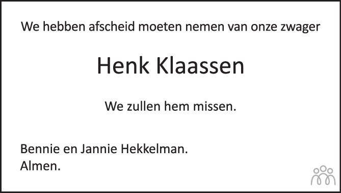 Overlijdensbericht van Hendrik Jan Klaassen in de Stentor