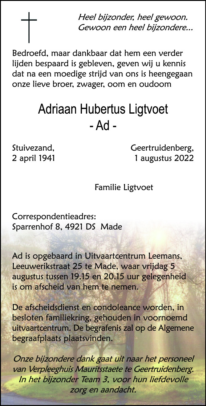 Overlijdensbericht van Adriaan Hubertus (Ad) Ligtvoet in BN DeStem