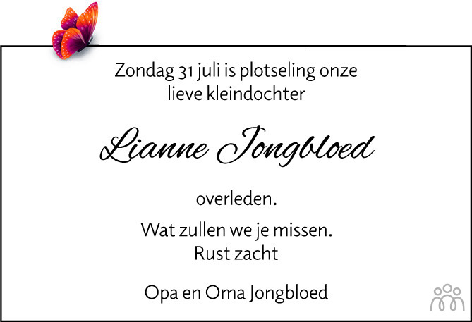 Overlijdensbericht van Lianne Jongbloed in de Stentor