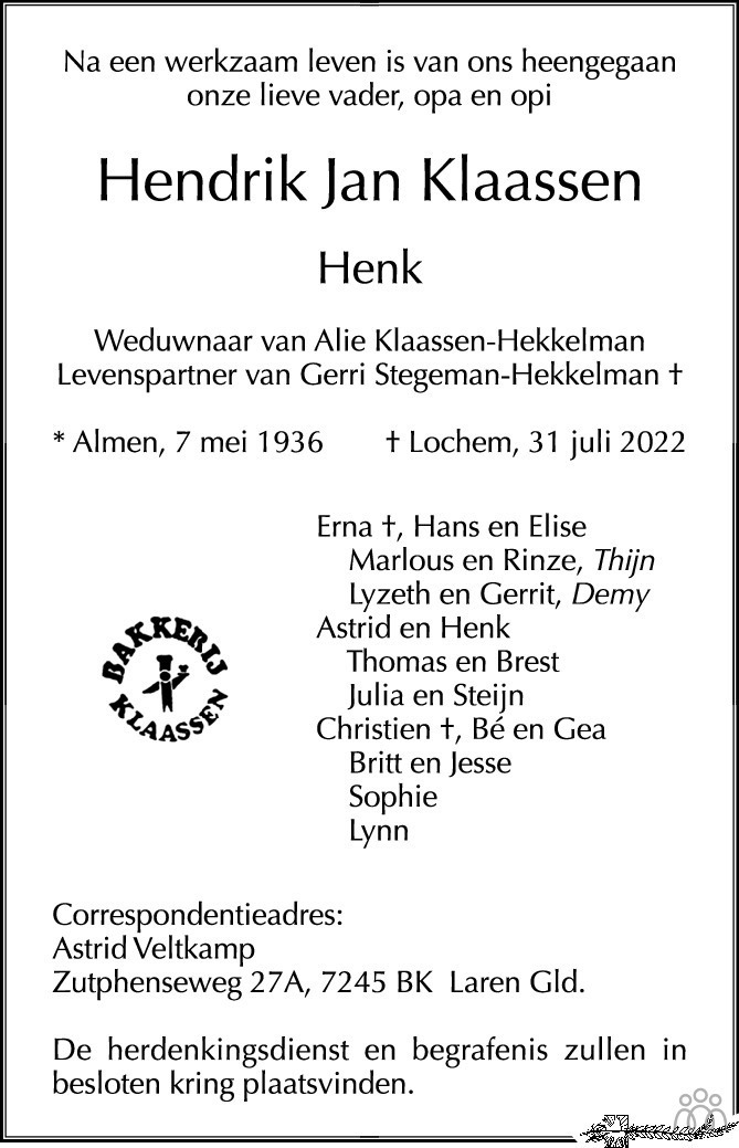 Overlijdensbericht van Hendrik Jan Klaassen in de Stentor