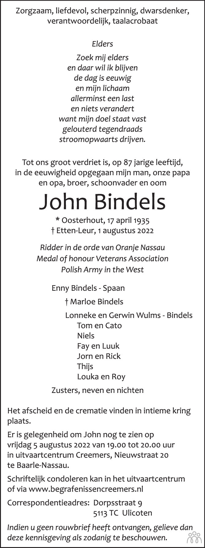 Overlijdensbericht van John Bindels in BN DeStem