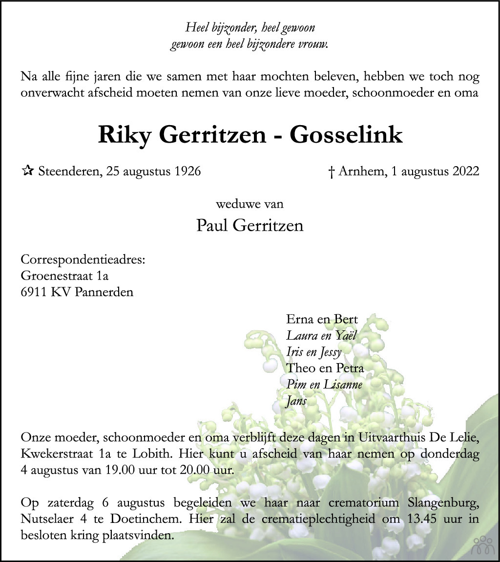 Overlijdensbericht van Riky  Gerritzen-Gosselink in de Gelderlander