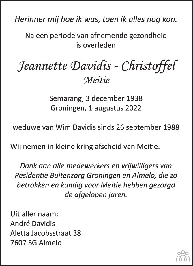 Overlijdensbericht van Jeannette (Meitie) Davidis-Christoffel in Tubantia