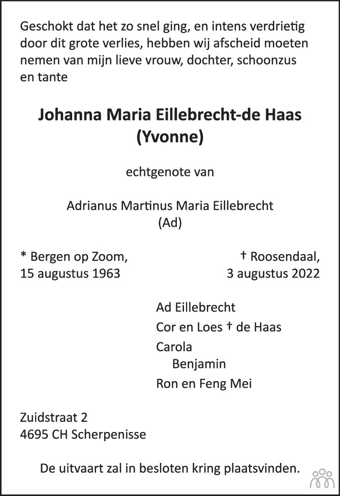 Overlijdensbericht van Johanna Maria (Yvonne) Eillebrecht-de Haas in BN DeStem