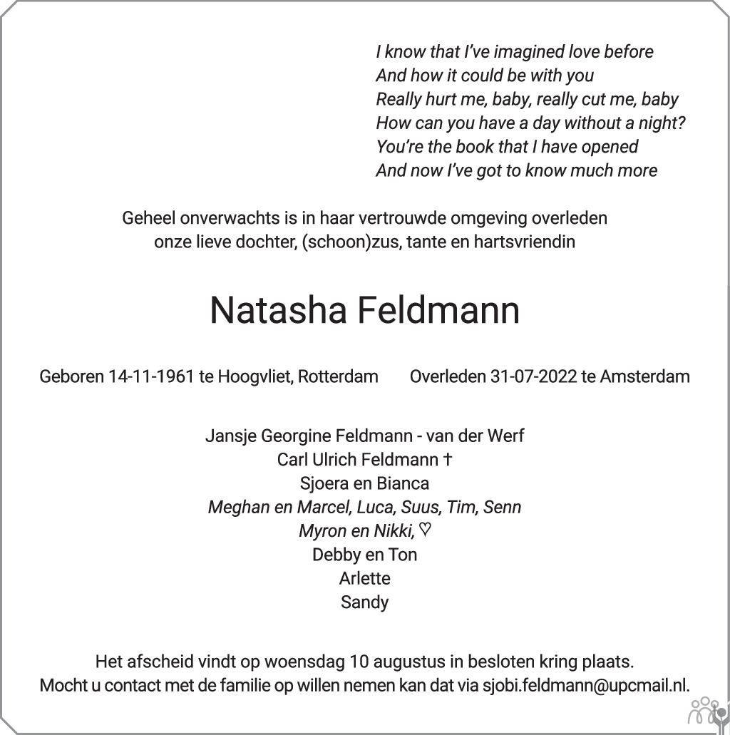 Overlijdensbericht van Natasha Feldmann in Het Parool