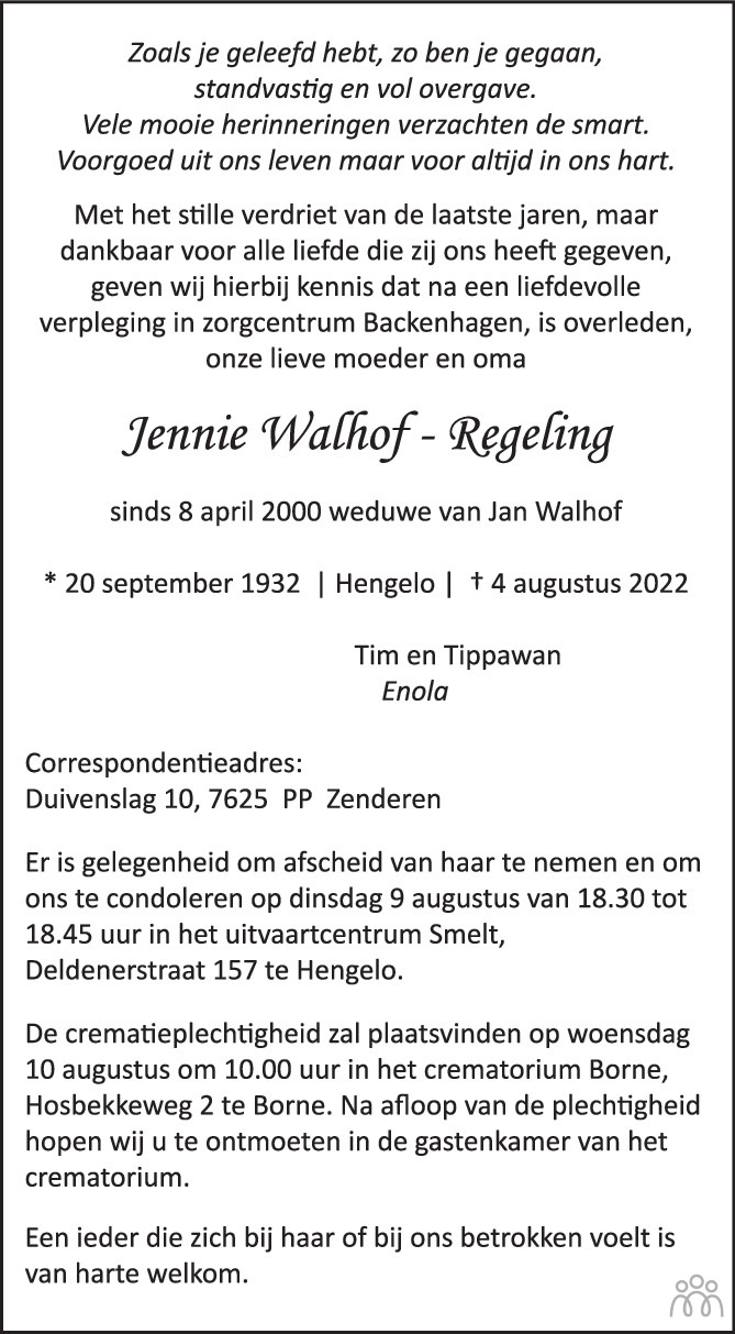 Overlijdensbericht van Jennie Walhof-Regeling in Tubantia