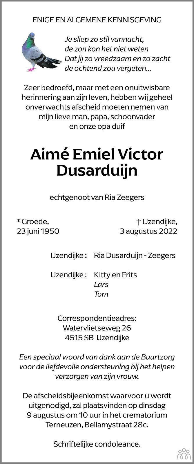 Overlijdensbericht van Aimé Emiel Victor Dusarduijn in PZC Provinciale Zeeuwse Courant