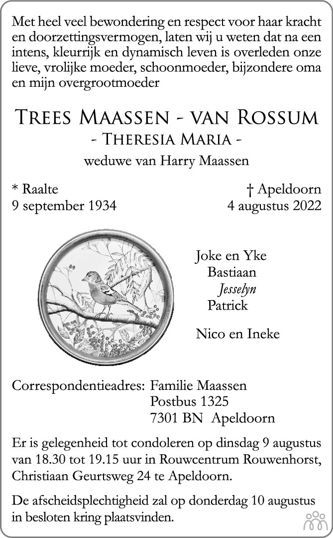 Overlijdensbericht van Trees (Theresia Maria) Maassen-van Rossum in de Stentor