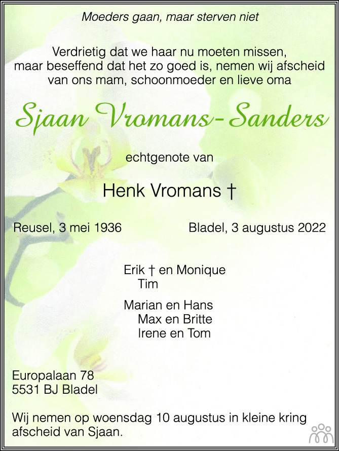 Overlijdensbericht van Sjaan Vromans-Sanders in Eindhovens Dagblad
