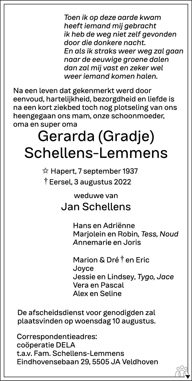 Overlijdensbericht van Gerarda (Gradje) Schellens-Lemmens in Eindhovens Dagblad