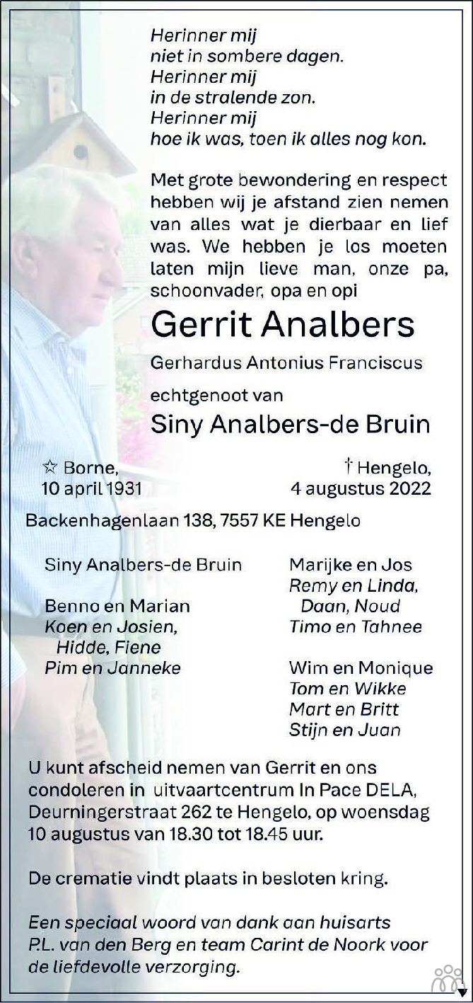 Overlijdensbericht van Gerrit (Gerhardus Antonius Franciscus) Analbers in Tubantia