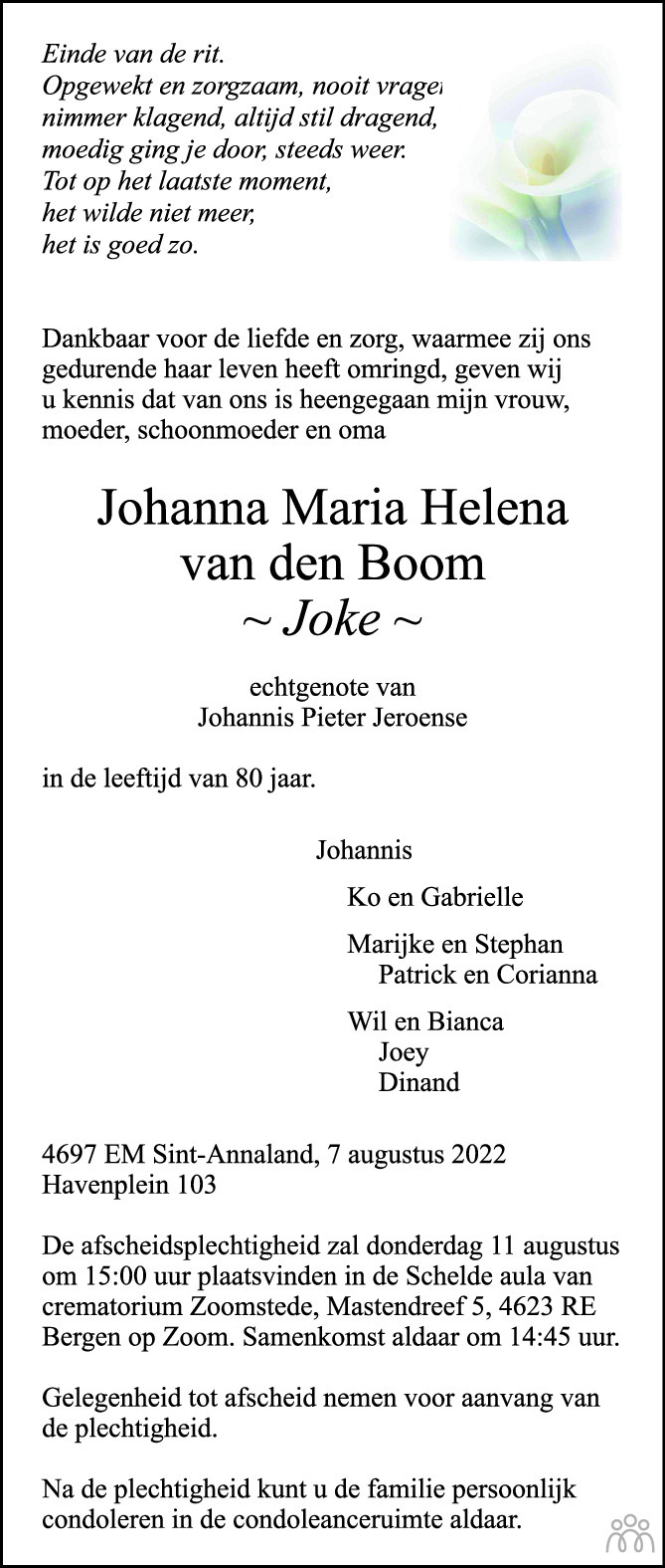 Overlijdensbericht van Johanna Maria Helena (Joke)  Jeroense-van den Boom in BN DeStem
