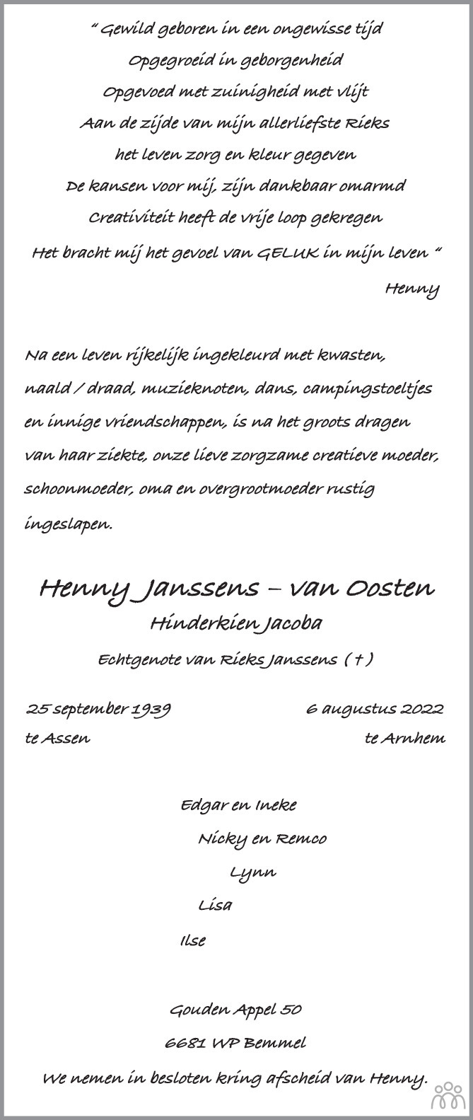 Overlijdensbericht van Hinderkien Jacoba (Henny) Janssens-van Oosten in de Gelderlander