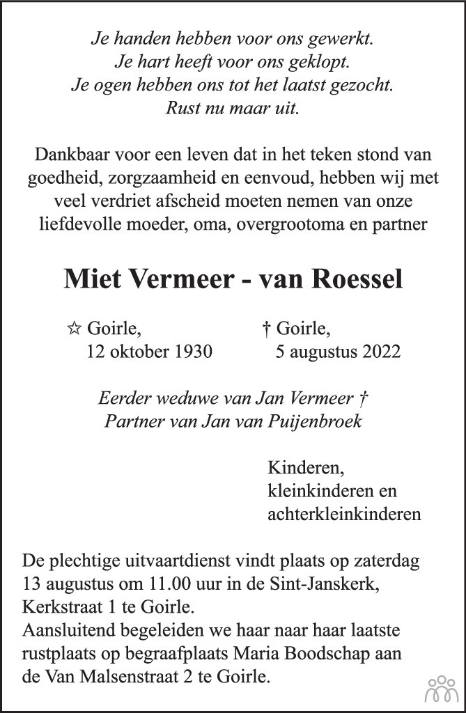 Overlijdensbericht van Miet Vermeer-van Roessel in Brabants Dagblad