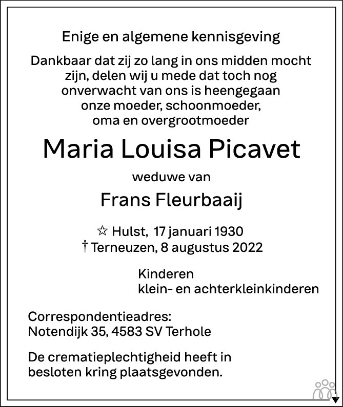 Overlijdensbericht van Maria Louisa Fleurbaaij-Picavet in PZC Provinciale Zeeuwse Courant