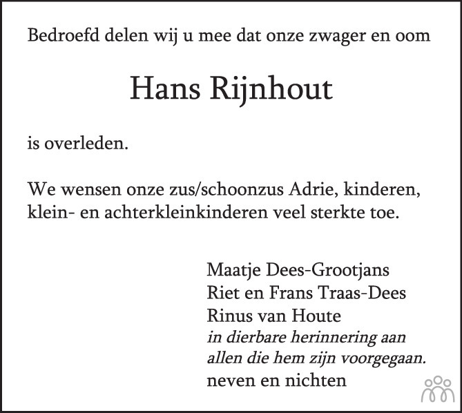 Overlijdensbericht van Johannes Leenderd (Hans) Rijnhout in PZC Provinciale Zeeuwse Courant