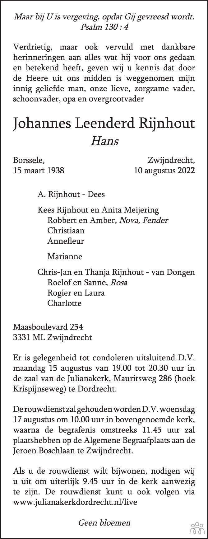 Overlijdensbericht van Johannes Leenderd (Hans) Rijnhout in AD Algemeen Dagblad