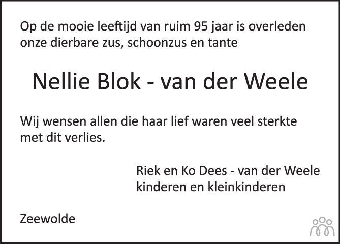 Overlijdensbericht van Nellie Blok-van der Weele in PZC Provinciale Zeeuwse Courant