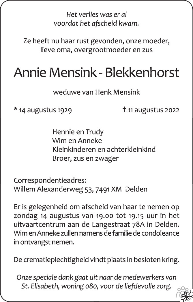 Annie Mensink-Blekkenhorst 11-08-2022 overlijdensbericht en ...