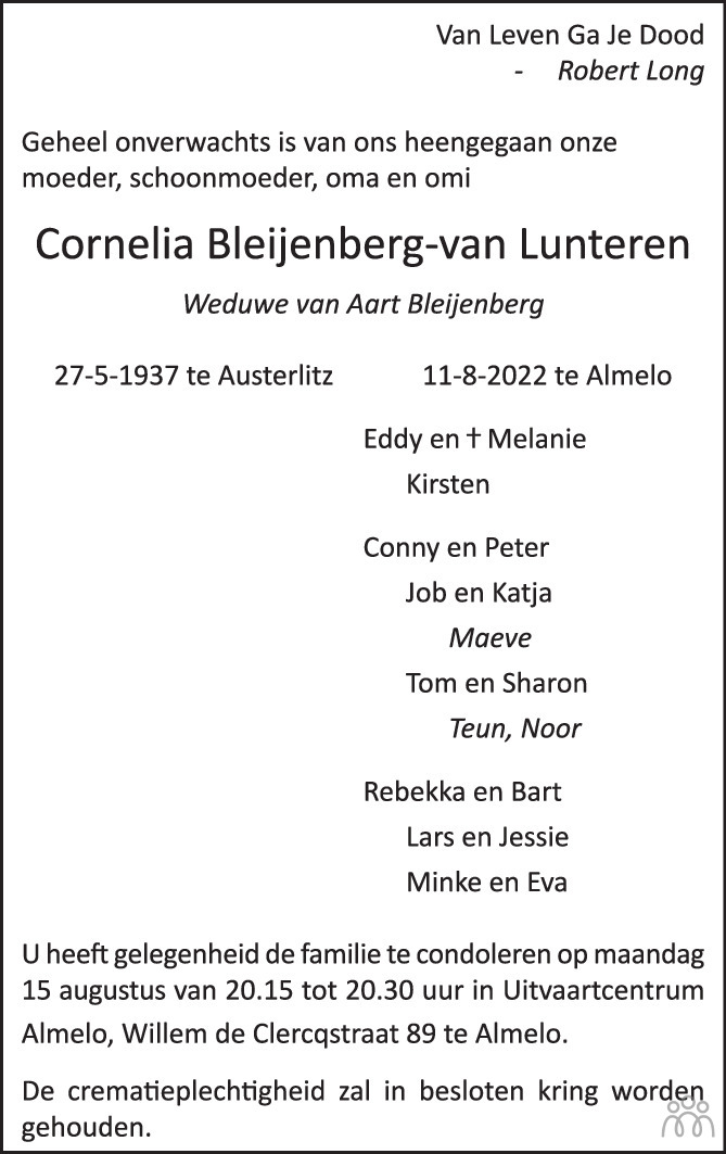 Overlijdensbericht van Cornelia Bleijenberg-van Lunteren in Tubantia