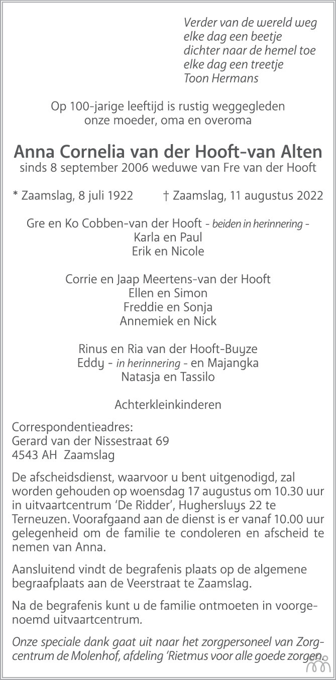 Overlijdensbericht van Anna Cornelia van der Hooft-van Alten in PZC Provinciale Zeeuwse Courant