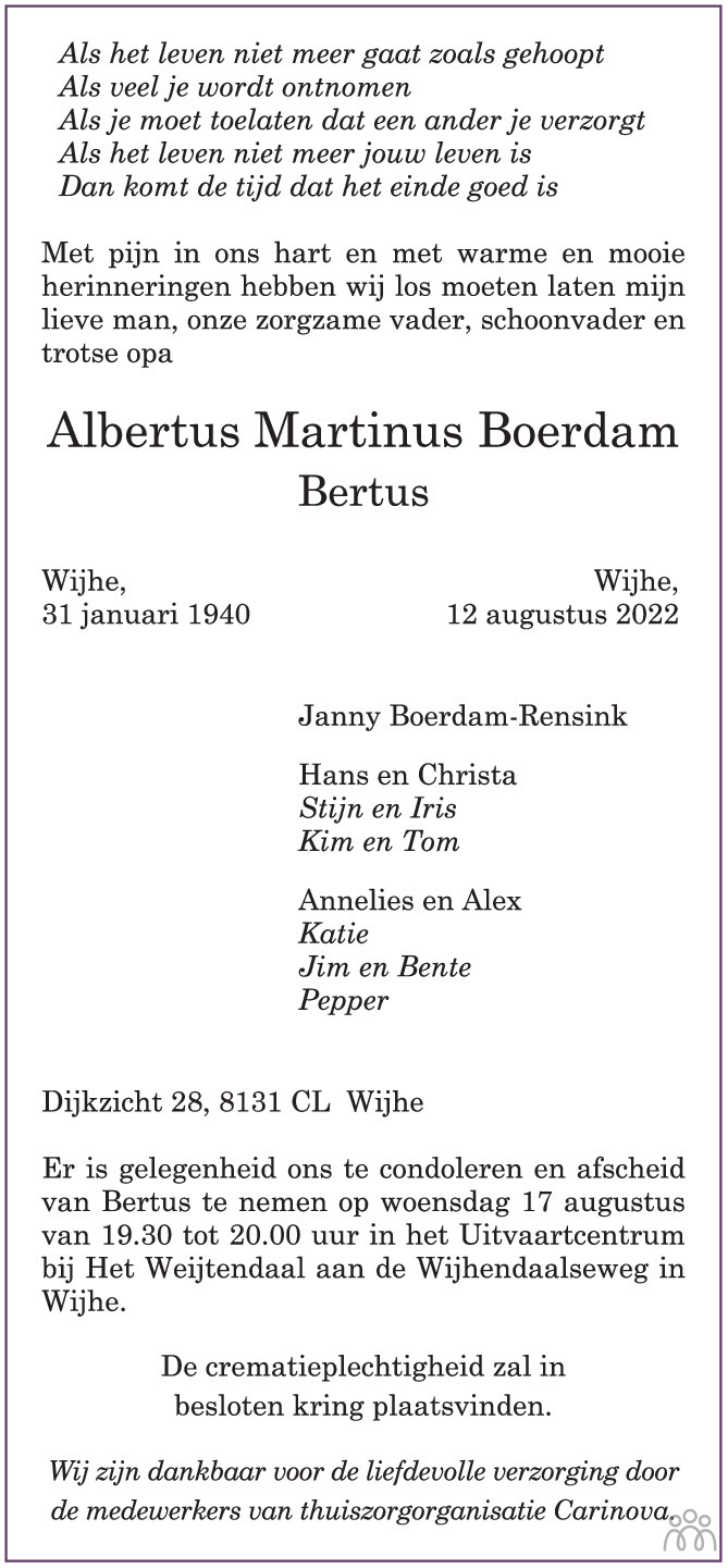 Overlijdensbericht van Albertus Martinus (Bertus) Boerdam in de Stentor