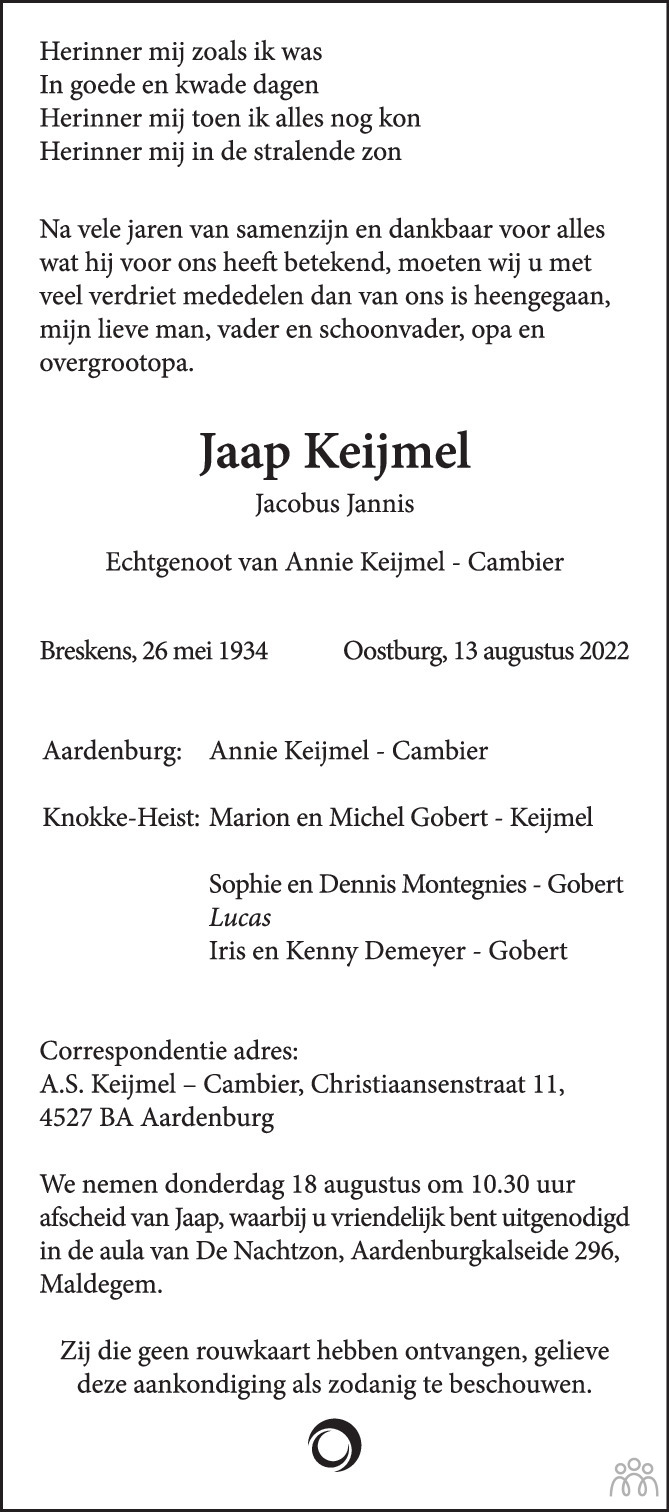 Overlijdensbericht van Jaap Keijmel in PZC Provinciale Zeeuwse Courant