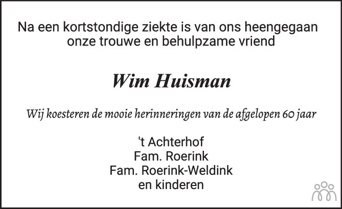 Overlijdensbericht van Wim Huisman in Tubantia
