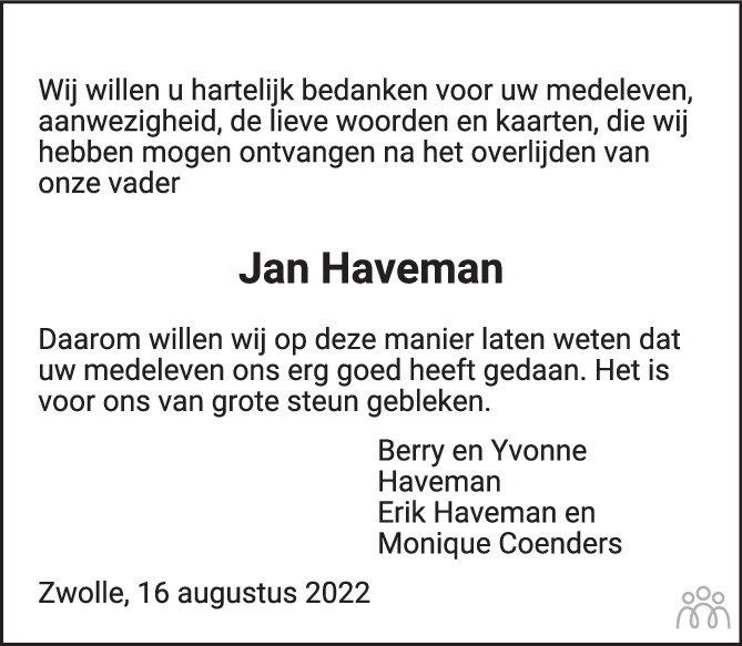Overlijdensbericht van Jan Haveman in de Stentor