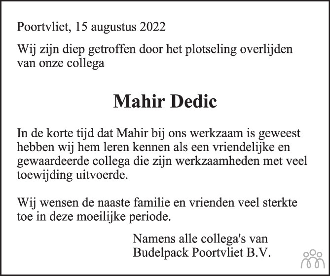 Overlijdensbericht van Mahir Dedic in BN DeStem