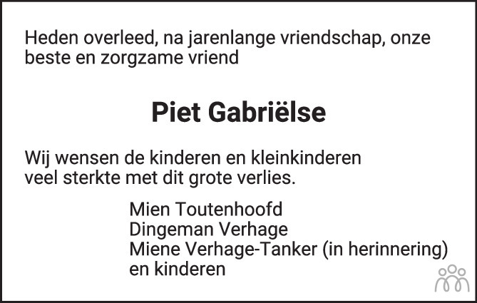 Overlijdensbericht van Pieter Gabriëlse in PZC Provinciale Zeeuwse Courant