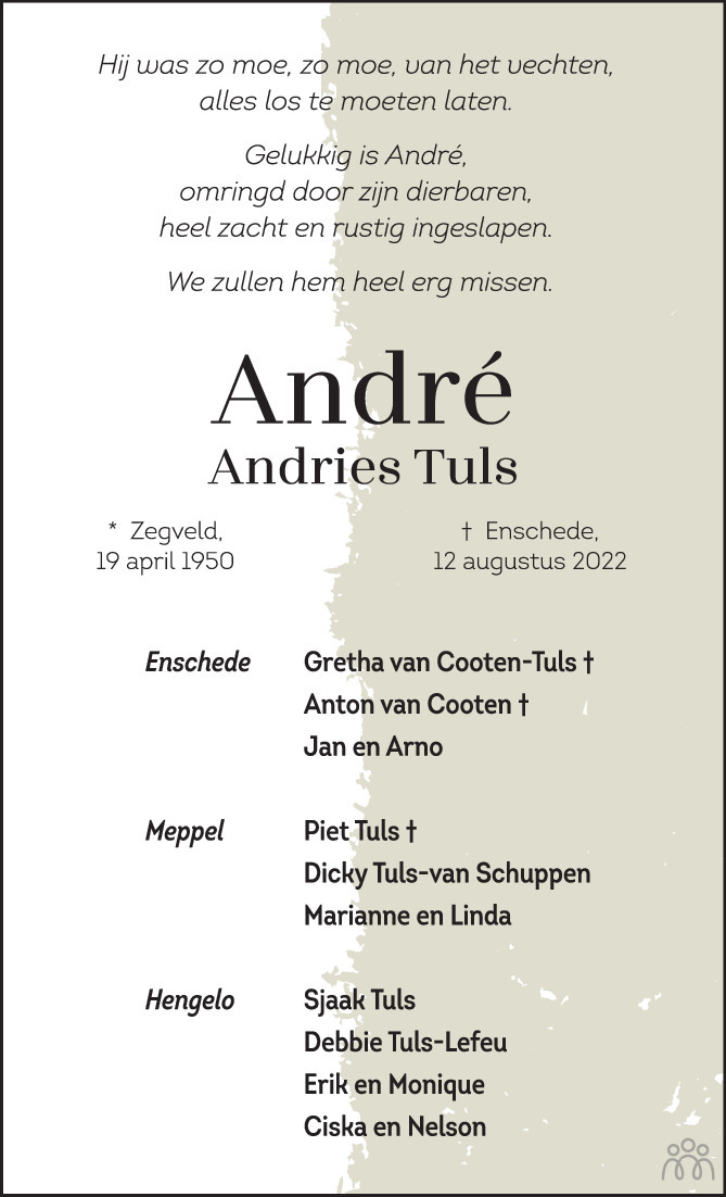 Overlijdensbericht van André (Andries) Tuls in Tubantia
