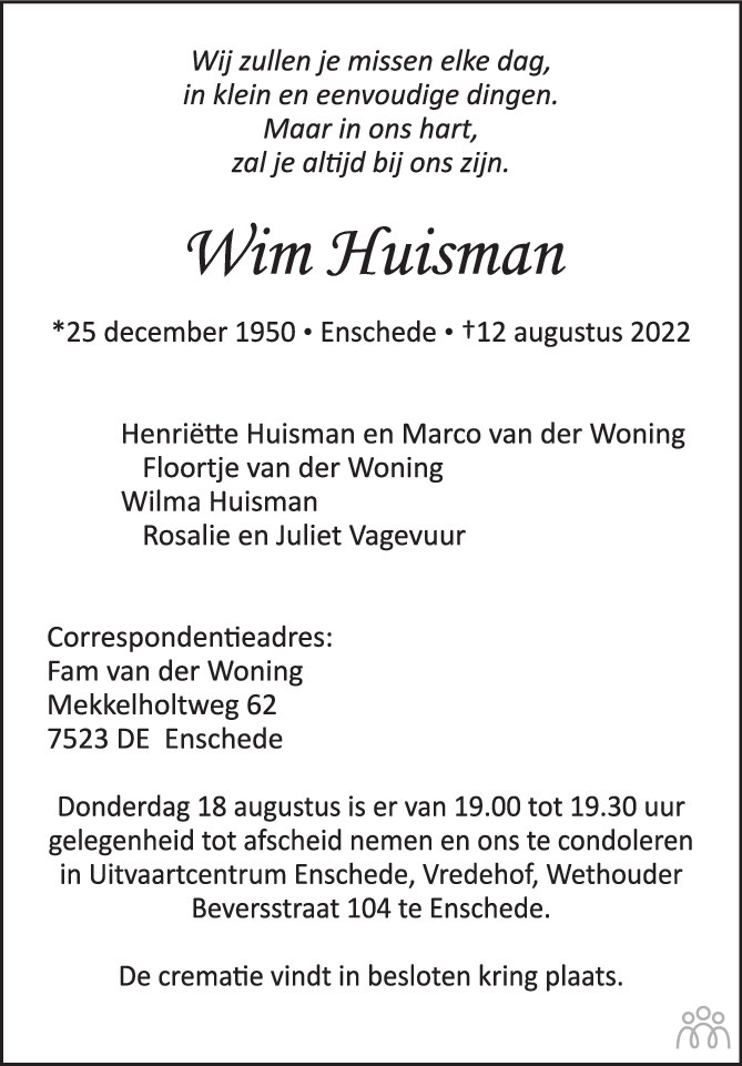 Overlijdensbericht van Wim Huisman in Tubantia