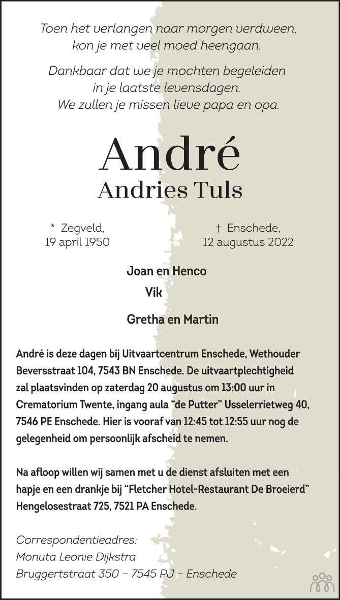 Overlijdensbericht van André (Andries) Tuls in Tubantia