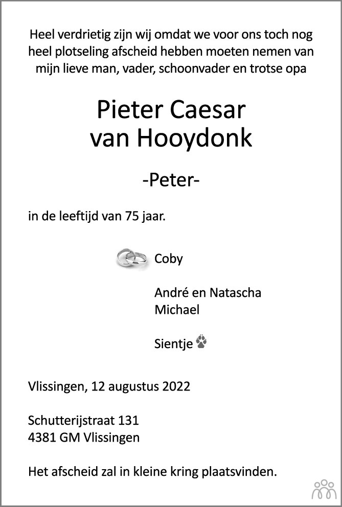 Overlijdensbericht van Pieter Caesar (Peter) van Hooydonk in PZC Provinciale Zeeuwse Courant