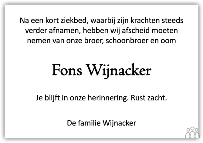 Overlijdensbericht van Fons Wijnacker in PZC Provinciale Zeeuwse Courant