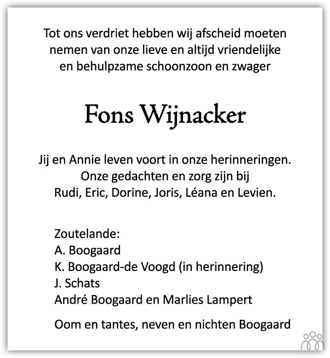 Overlijdensbericht van Fons Wijnacker in PZC Provinciale Zeeuwse Courant