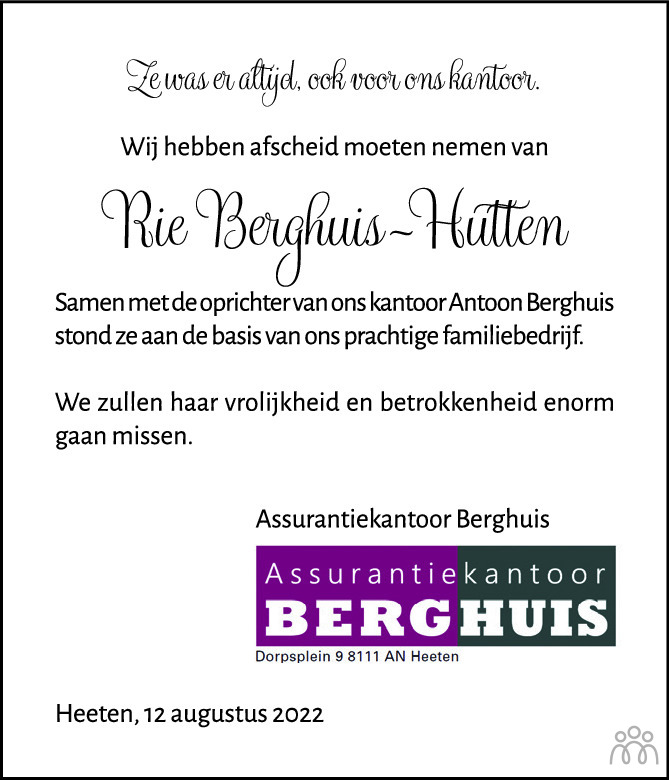Overlijdensbericht van Rie Berghuis-Hutten in de Stentor