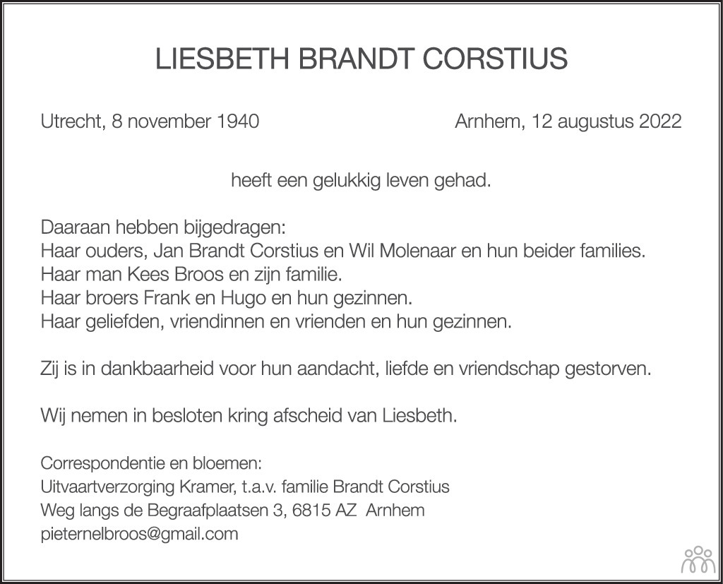 Overlijdensbericht van Liesbeth Brandt Corstius in de Volkskrant
