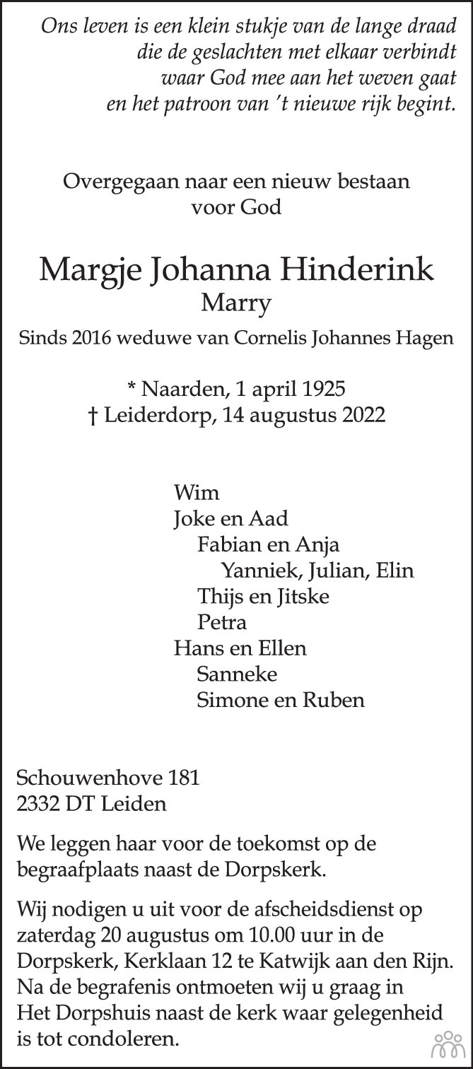 Overlijdensbericht van Margje Johanna (Marry) Hagen-Hinderink in Trouw
