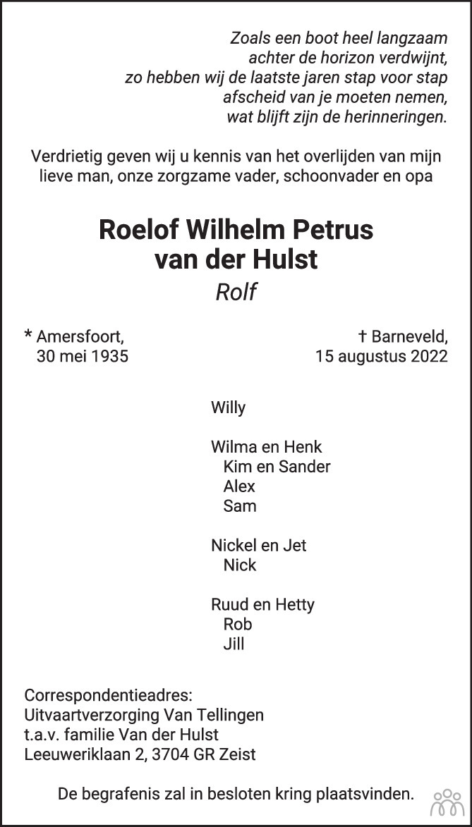 Overlijdensbericht van Rolf (Roelof Wilhelm Petrus) van der Hulst in AD Algemeen Dagblad