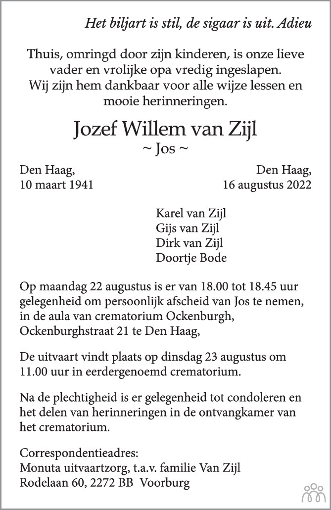 Jozef Willem (Jos) van Zijl 16-08-2022 overlijdensbericht en ...