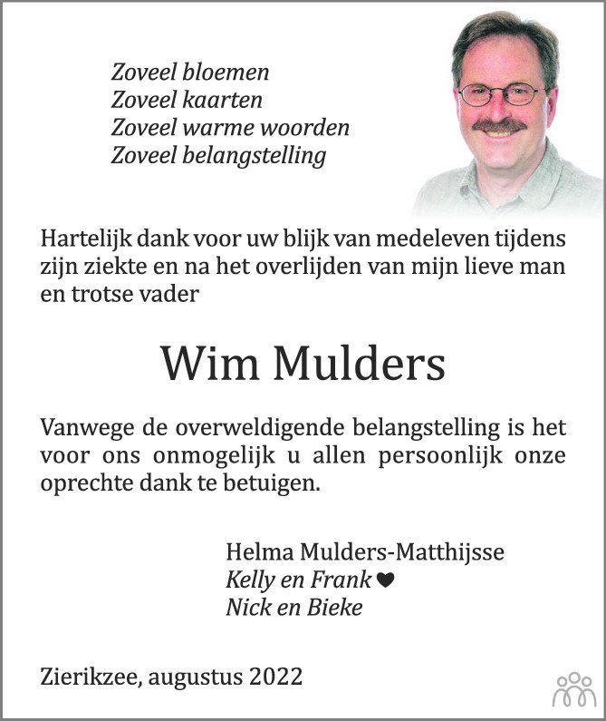 Overlijdensbericht van Wilhelmus Cornelis Anthonius Jacobus Maria (Wim) Mulders in PZC Provinciale Zeeuwse Courant