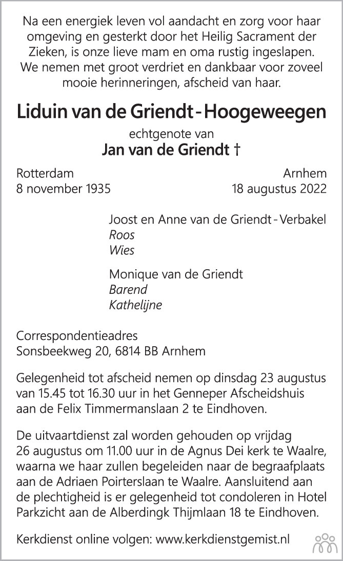 Overlijdensbericht van Liduin van de Griendt-Hoogeweegen in Eindhovens Dagblad