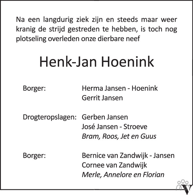 Henk-Jan Gerrit Hoenink 19-08-2022 overlijdensbericht en condoleances ...